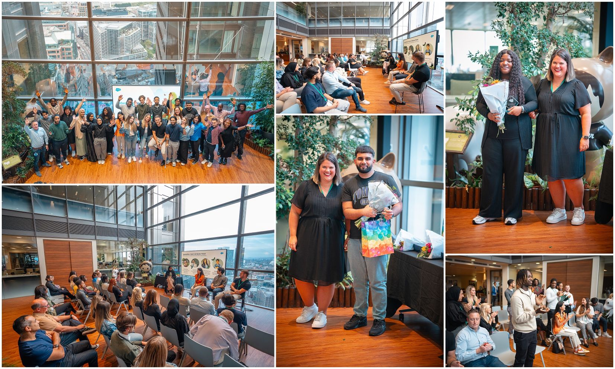 A collage of picture of Salesforce employees reunited for different reasons, smiling at the camera