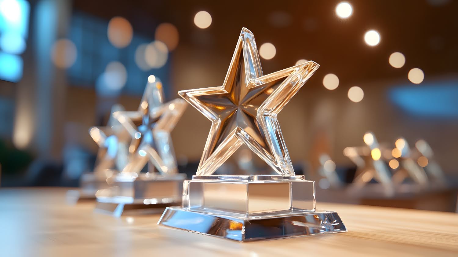A table with three, star glass awards and blurry lights.