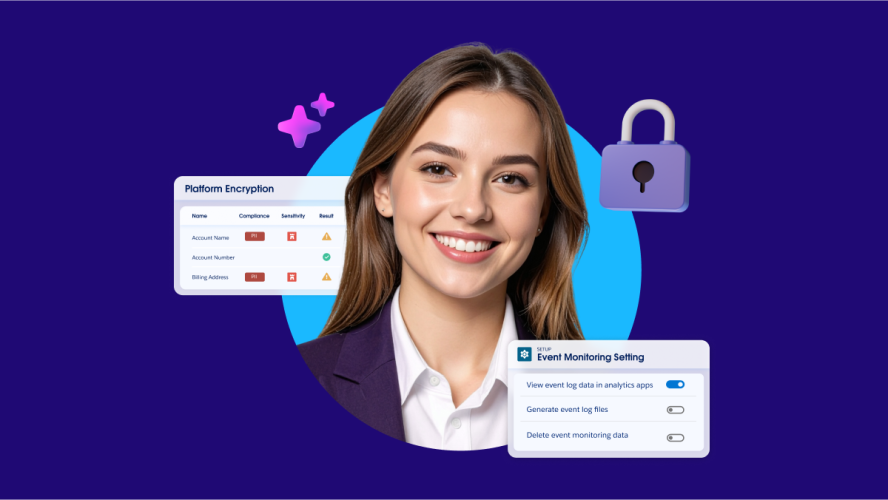 A professional woman in a purple jacket smiles confidently while surrounded by abstract digital icons representing data security, including a lock and windows for "Platform Encryption" and "Event Monitoring Setting."