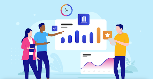 Illustration of a free CRM on a computer dashboard with three small team members.