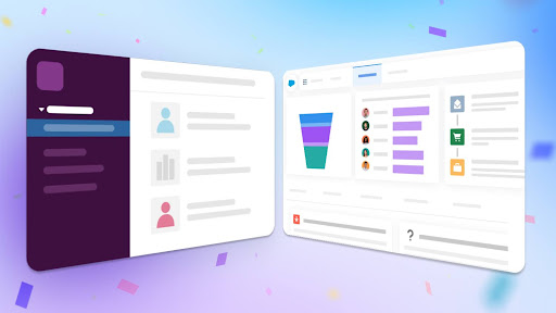 Illustration of Slack and CRM dashboards side by side, and confetti on a multi-pastel background.