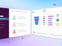 Illustration of Slack and CRM dashboards side by side, and confetti on a multi-pastel background.