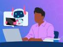 An illustration of a person at a desk with a computer and a chatbot appears in a dialog box.