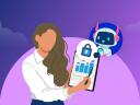 Illustration of a person holding a bar chart showing data security, while a robot peers from behind.