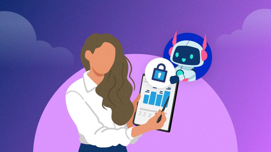 Illustration of a person holding a bar chart showing data security, while a robot peers from behind.