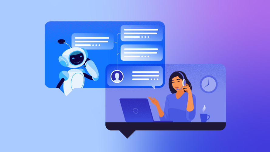 Illustration of a sales rep speaking on the phone, while an AI agent handles background tasks / agentic sales