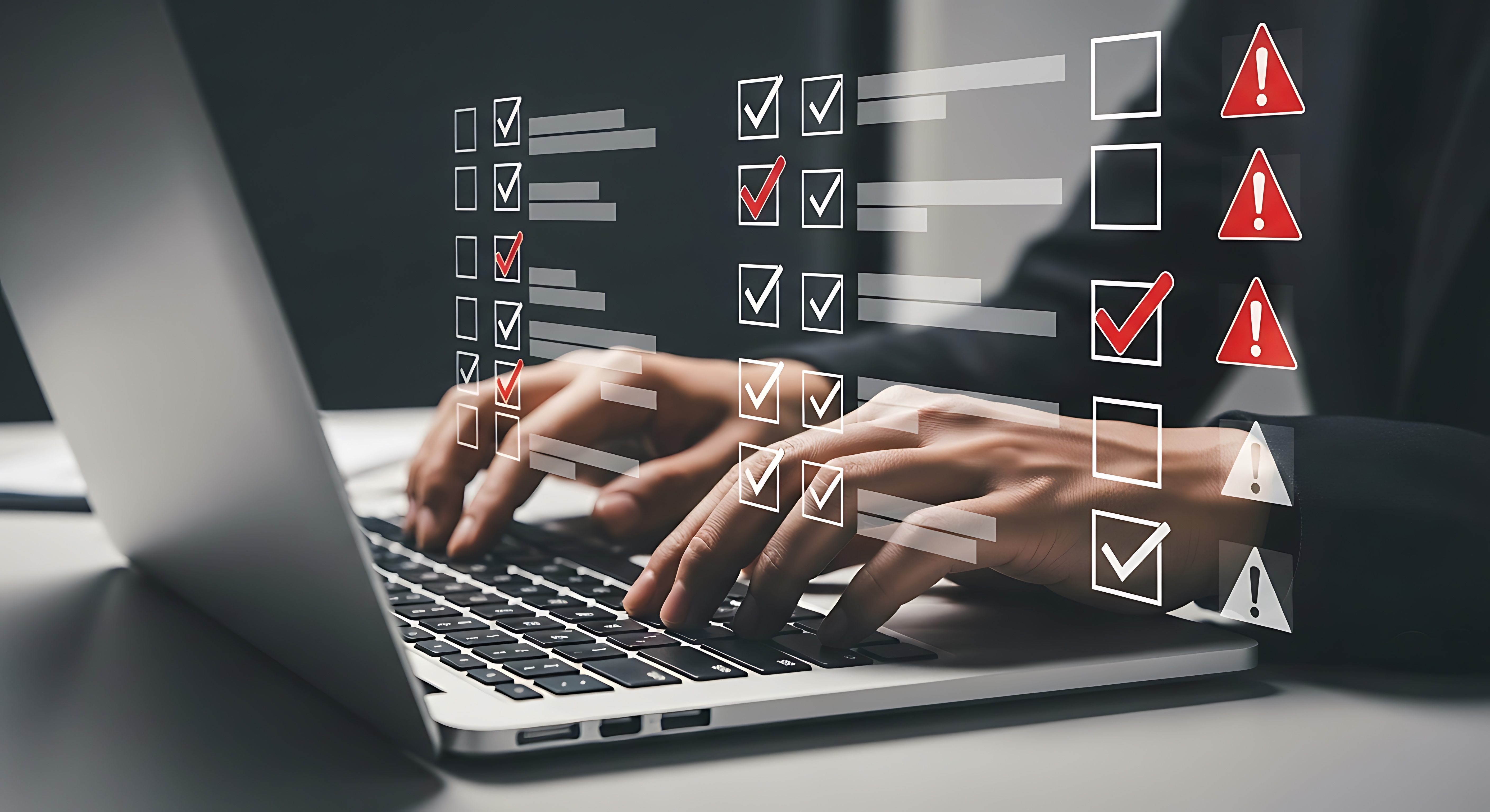 Person typing on laptop overlay with checklist with error symbols. Conveys concept of scale testing.
