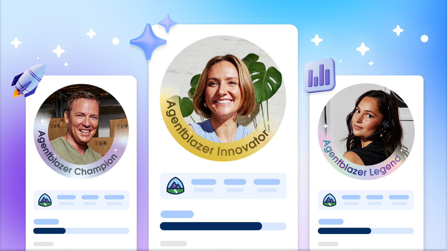Illustration of three Agentblazer champions in a circle headshot with Trailhead logo.