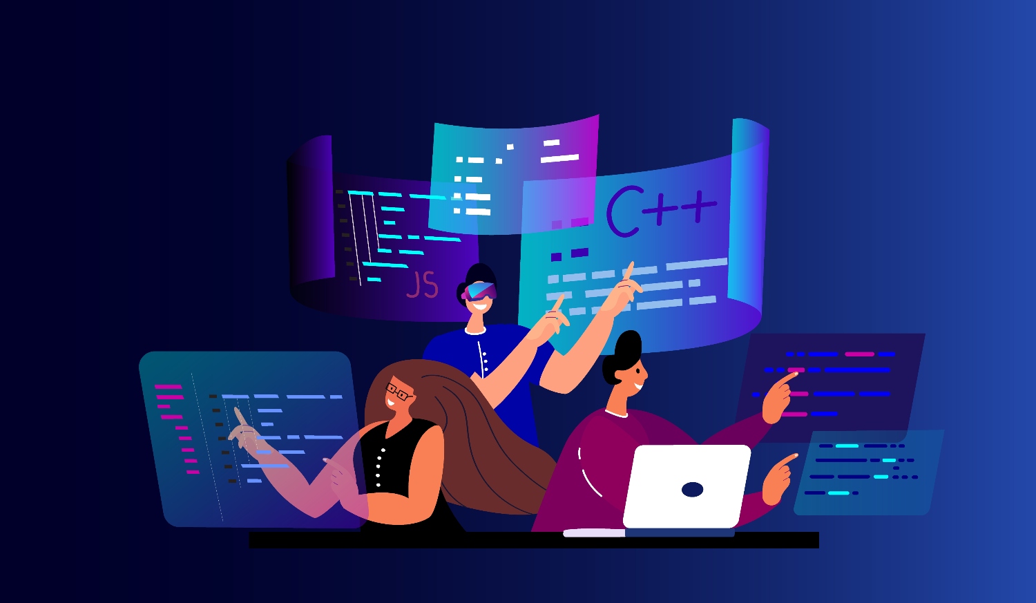 Illustration of a small team using custom code and apps on multiple computer screens and coding apps.
