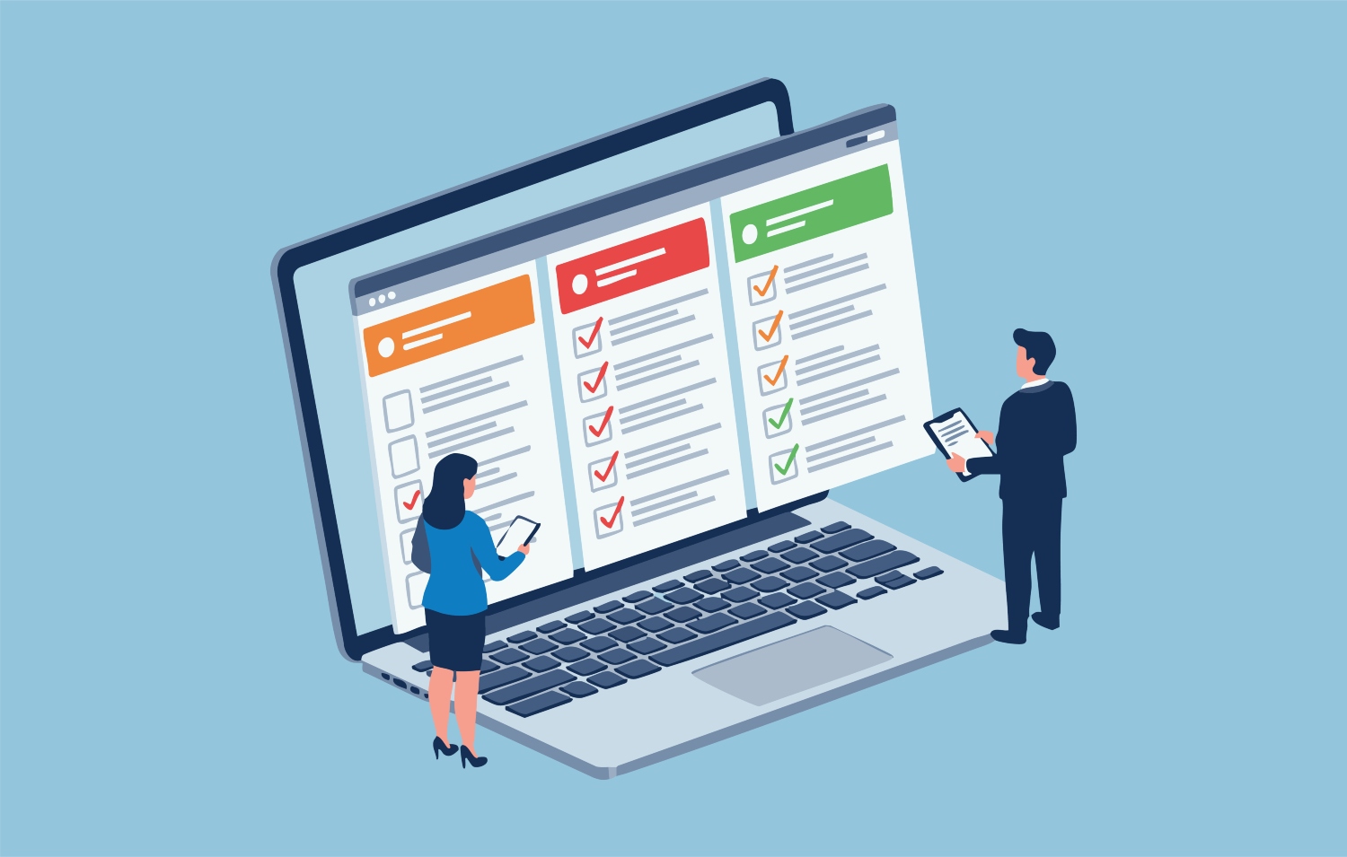 Illustration of business management software represented by an oversized computer and two owners reviewing charts.