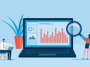 Illustration of customer analytics tools on a computer with two people looking at charts.