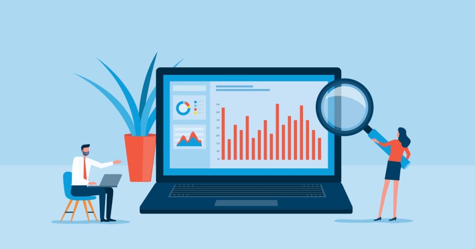 Illustration of customer analytics tools on a computer with two people looking at charts.
