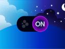 Illustration of an icon button of the dark mode feature sliding on against a night sky background with blue and purple.