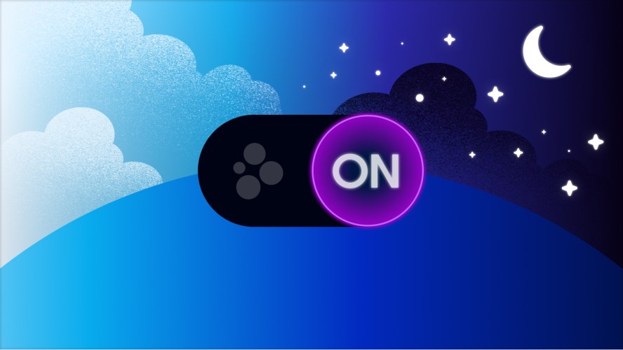 Illustration of an icon button of the dark mode feature sliding on against a night sky background with blue and purple.