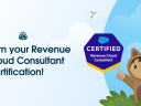 Illustration promoting the Salesforce Certified Revenue Cloud Consultant Certification with a badge and cheerful character pointing. Sky background with a bird and clouds.