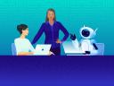 An illustration showing a manager standing up next to a human coworker and an AI agent seated with laptops at a table.