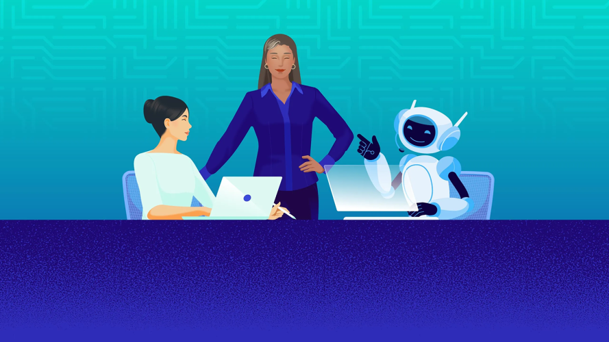 An illustration showing a manager standing up next to a human coworker and an AI agent seated with laptops at a table.