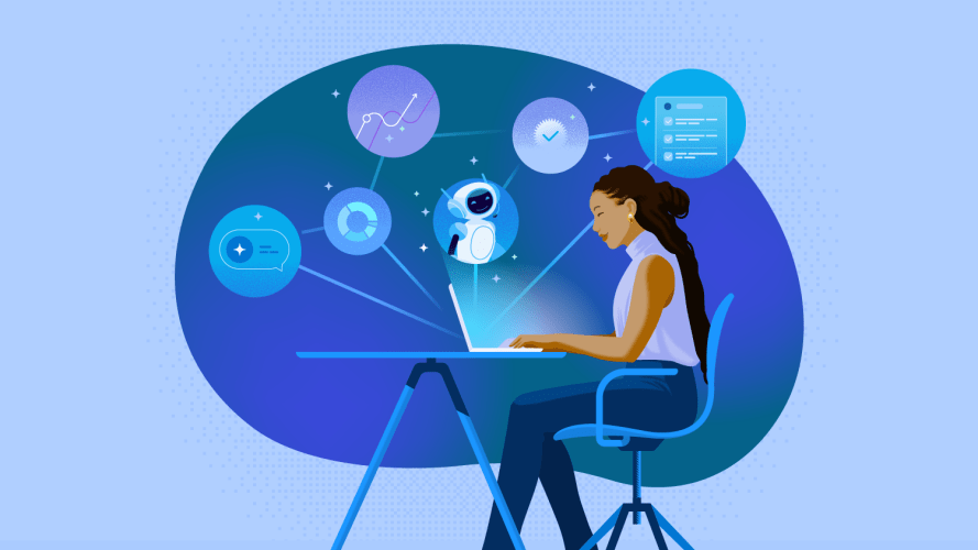 An illustration of a woman working at a laptop with icons suggesting agentic AI surrounding her