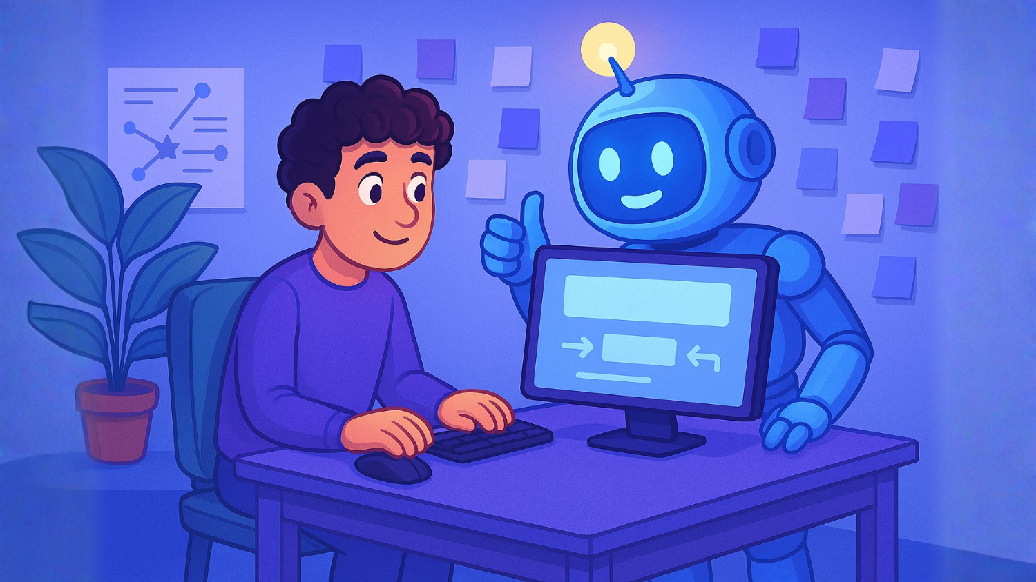 Illustration of a young man at a desk working on computer, with a happy robot standing behind the monitor. Represents user-AI collaboration.