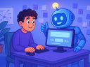 Illustration of a young man at a desk working on computer, with a happy robot standing behind the monitor. Represents user-AI collaboration.