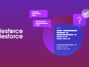 Illustration of code on top of a purple and magenta gradient background, with Salesforce on Salesforce logo