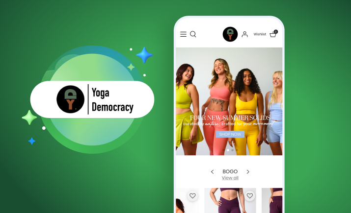 Yoga Democracy's logo along with a screenshot of its ecommerce homepage