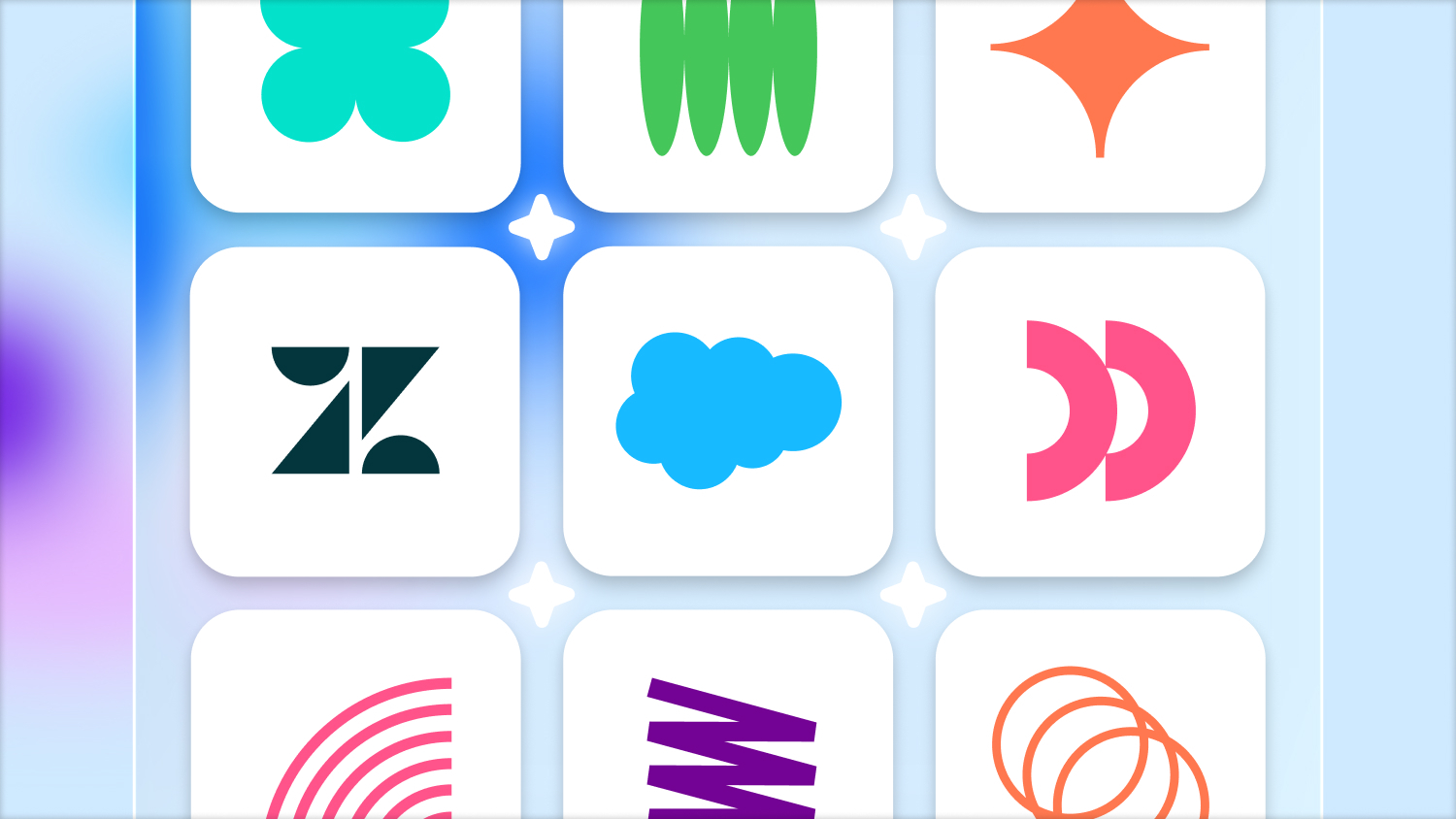 Illustration of customer service icons including zendesk and alternatives on a screen like mobile apps.