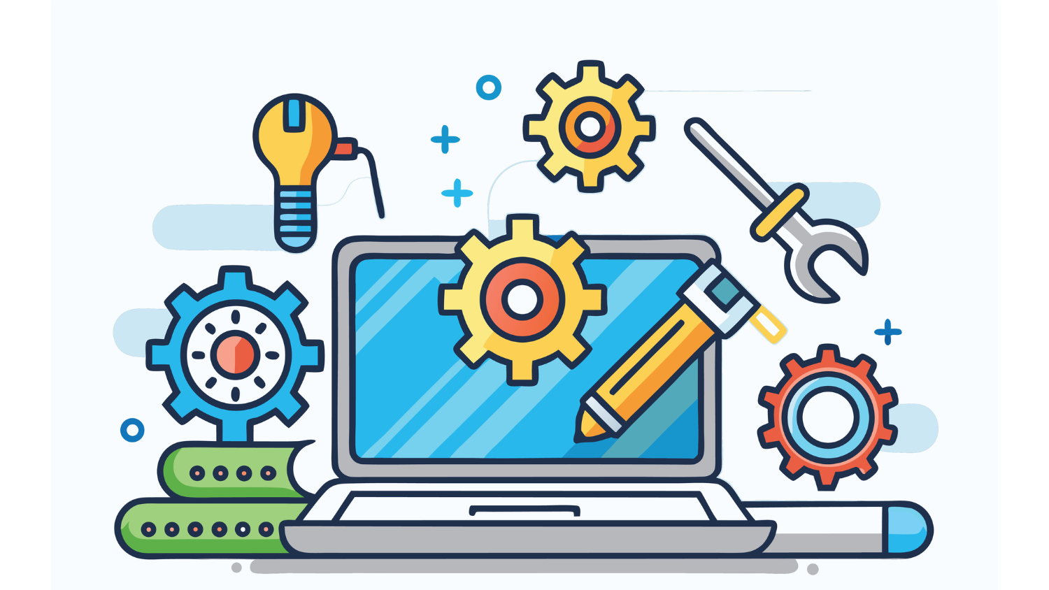 Agentforce development lifecycle image. tools, gears, lightbulb and a wrench in front of a computer screen to illustrate a lifecycle process
