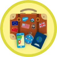 An illustration of a suitcase with stickers on it, a phone, a compass and a passport.