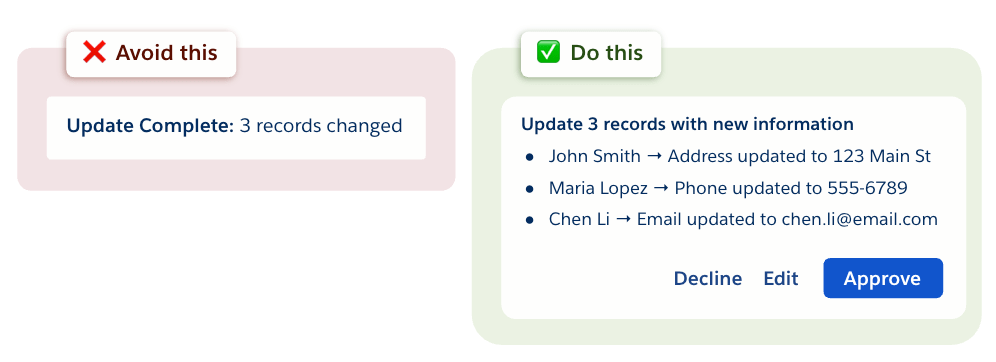 Example of do and don't. In the do, the record shows which three records need updating, with buttons for the user to choose whether to decline, edit, or approve.
