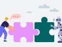 Illustration of person on the left pushing a large puzzle piece into another puzzle piece pushed by a robot.