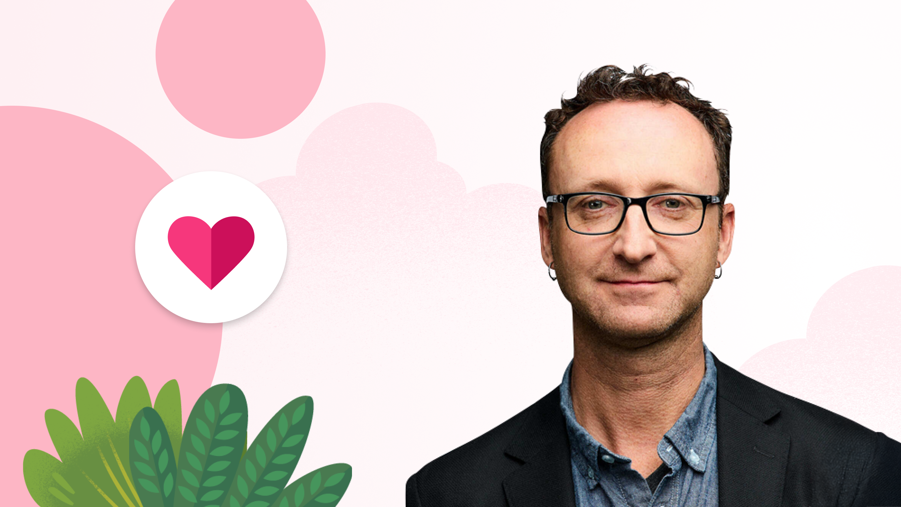 Image of a man in a blue shirt and black jacket on a pink background