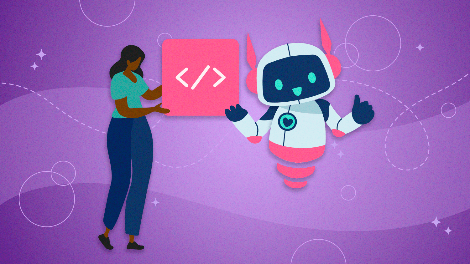 Developers are using AI to help accelerate their time from ideation to deployment. Illustration of person holding code with AI agent.