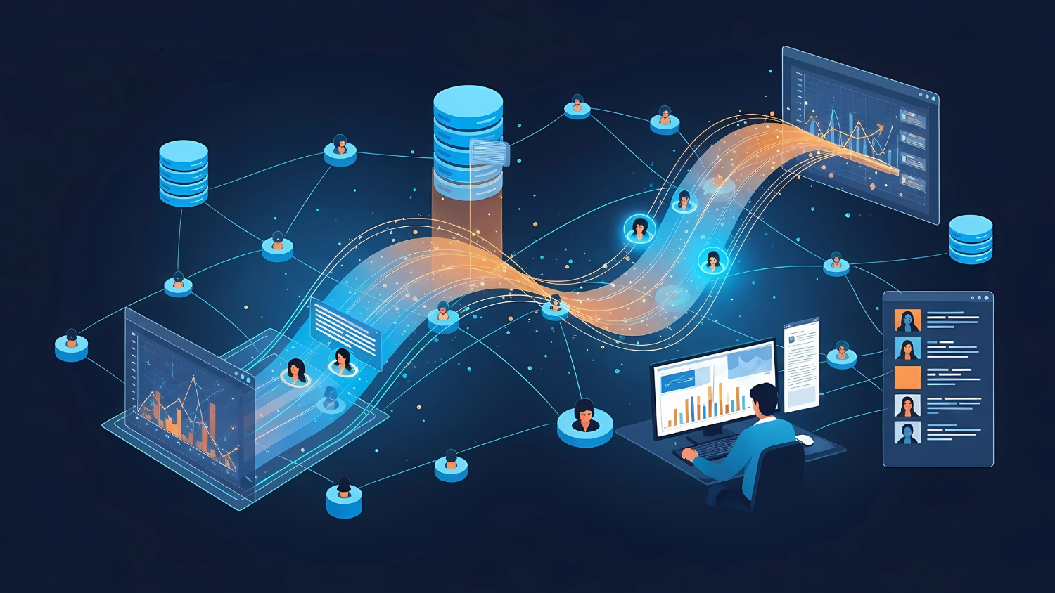 Illustration of data traveling in waves between monitors, with a person working on a computer in the foreground.