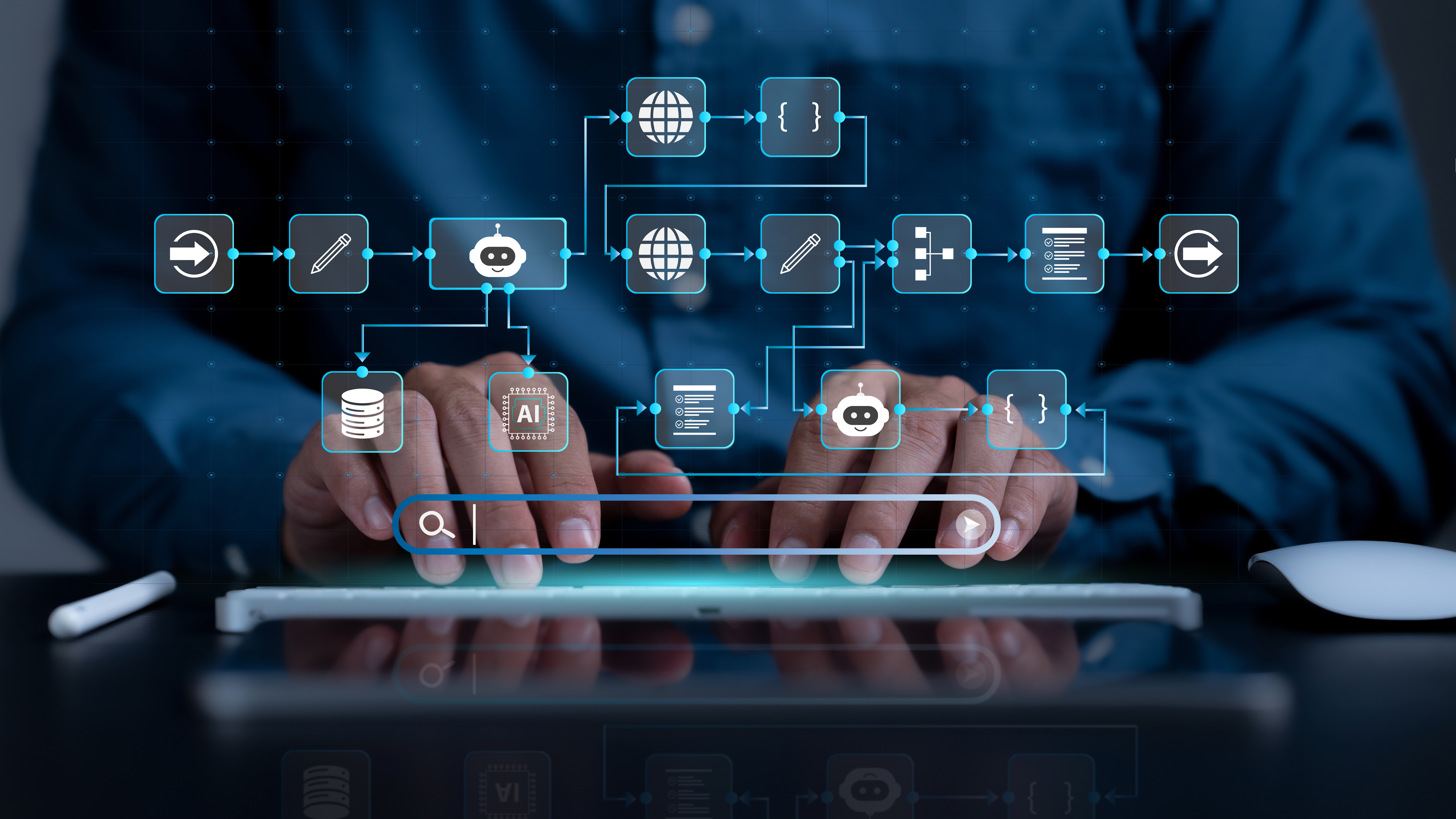 Person typing on keyboard. Digital overlay of building and deploying AI agents.