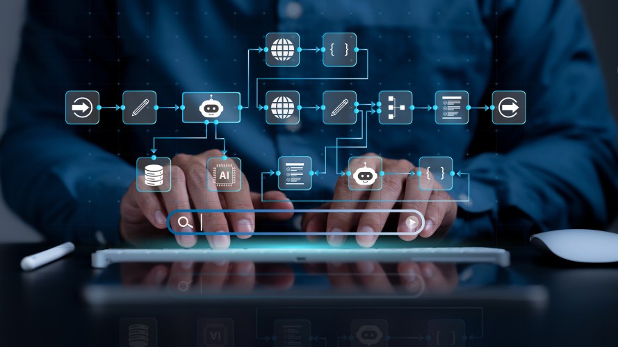 Person typing on keyboard. Digital overlay of building and deploying AI agents.