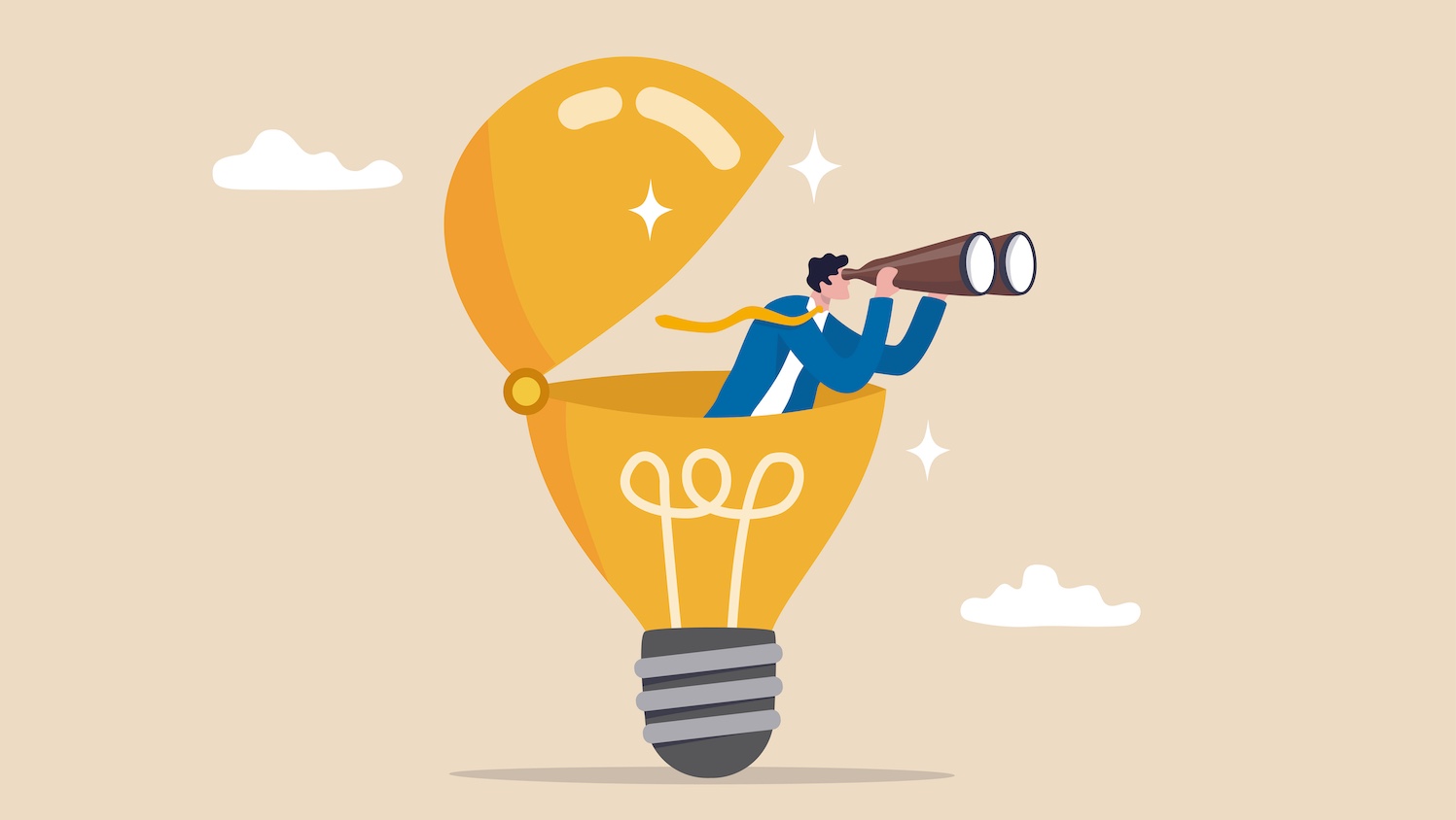 Person with binoculars in a light bulb icon representing looking forward
