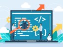 AI agent and application testing illustration. People on a large laptop finding bugs in their code.