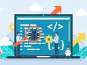 AI agent and application testing illustration. People on a large laptop finding bugs in their code.