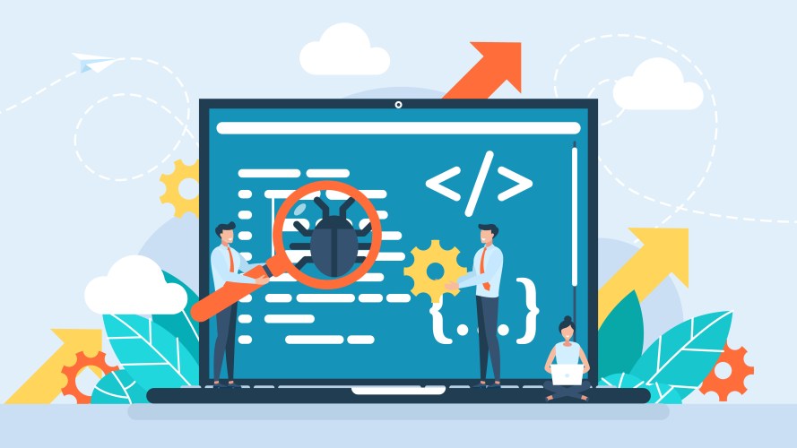 AI agent and application testing illustration. People on a large laptop finding bugs in their code.