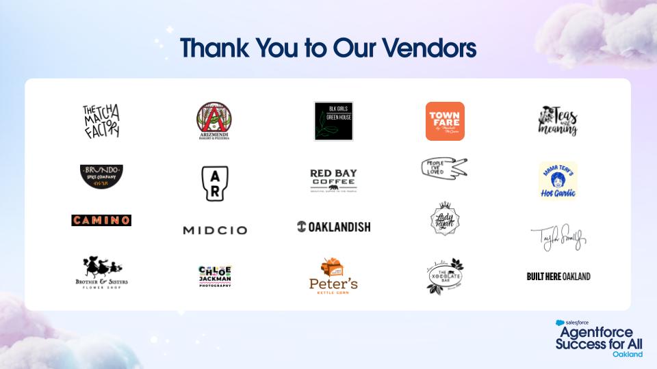 A purple and blue cloud backdrop with a white central rectangle hosting 20 unique Oakland vendors who supported the event. The Agentforce Success for All Oakland logo sits in the bottom right.