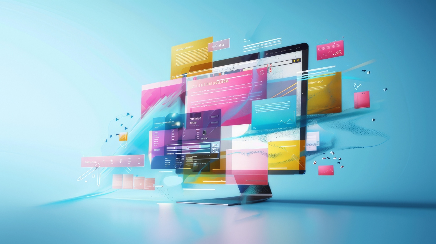 An illustration of designing a framework on a computer with various icons in bright colors.