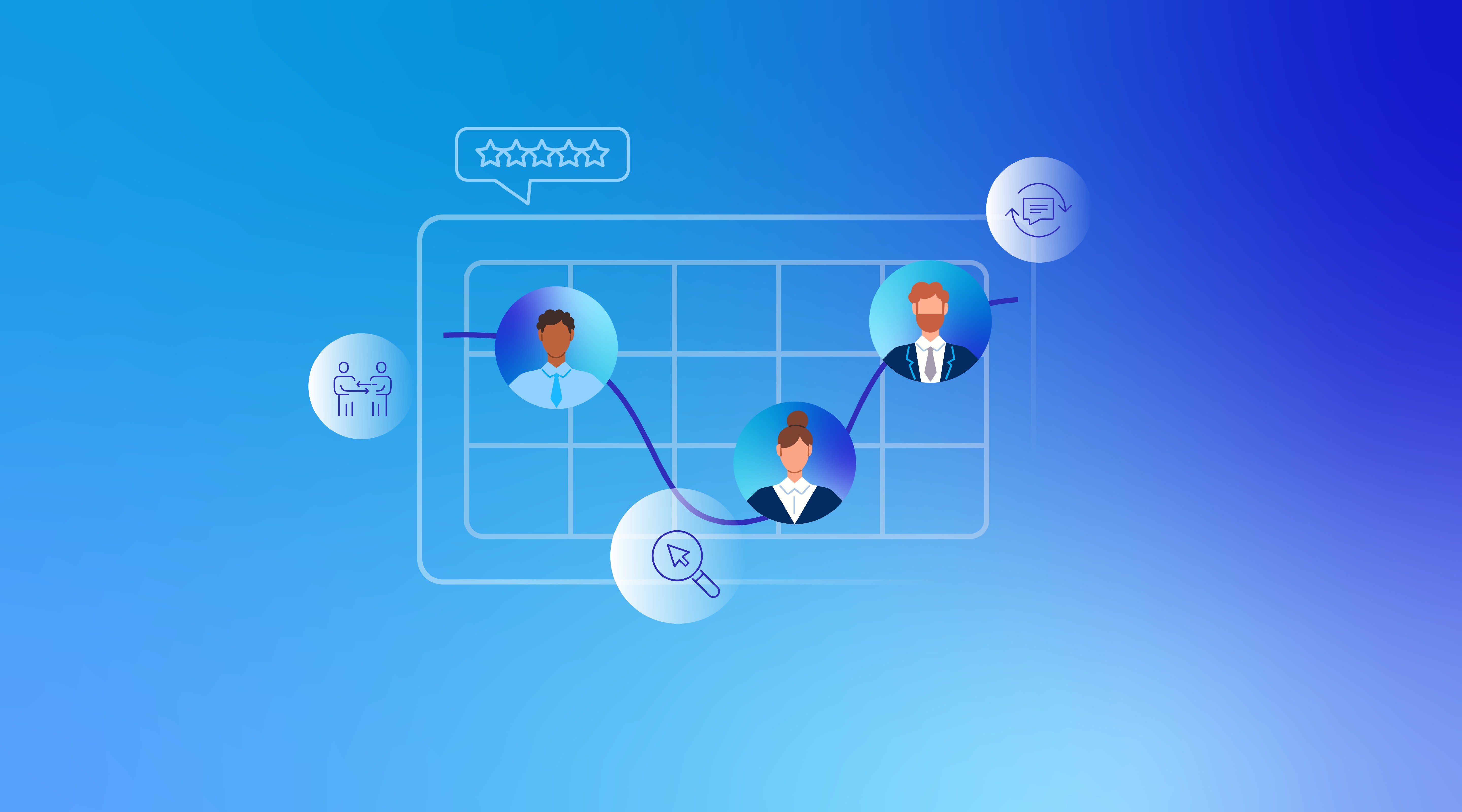Three people, connected by a curving line, in front of a graph. 