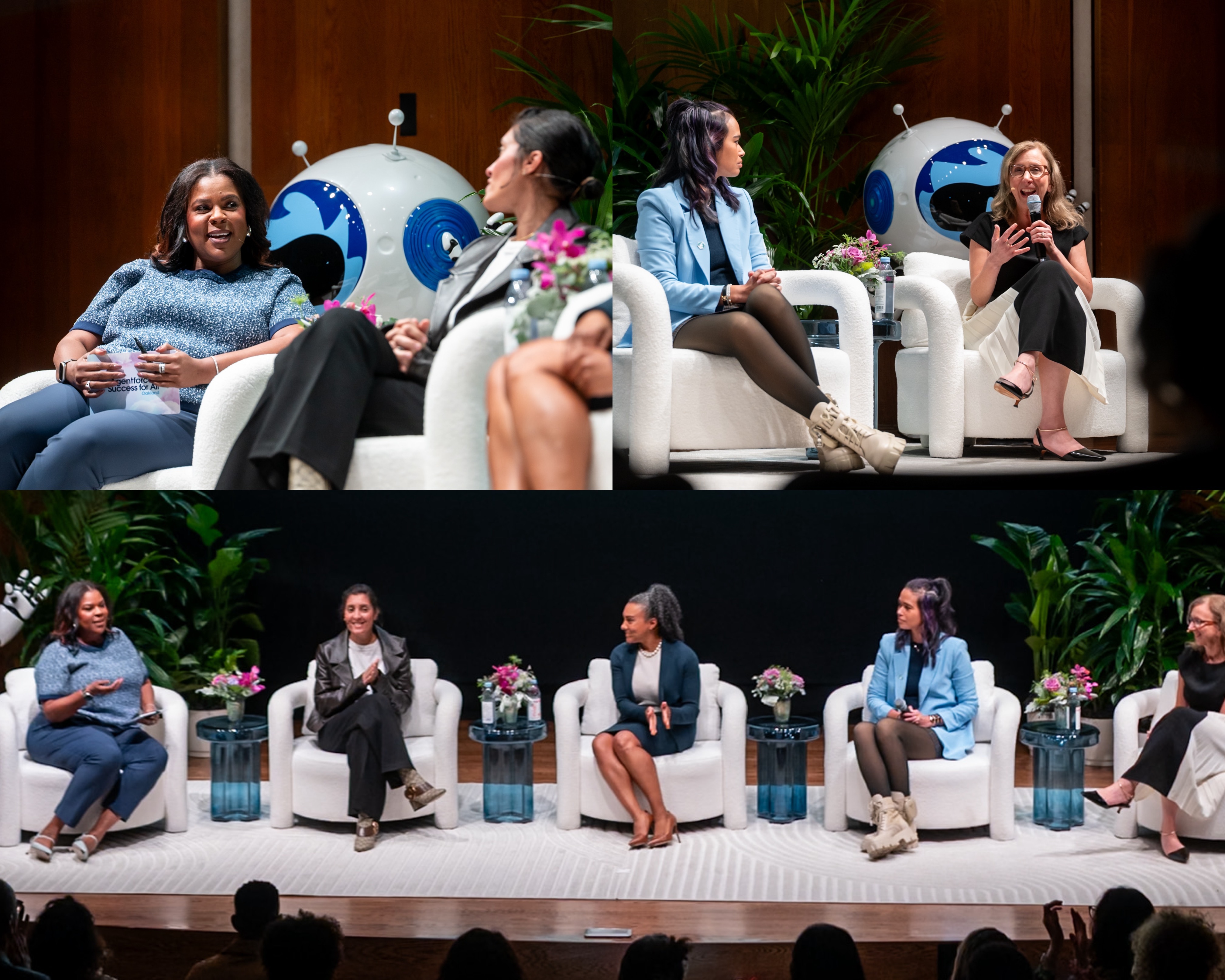 A collage of three images each depicting speakers on the stage during the session. The top left photo depicts Molly Ford and Nathalie Scardino on the left of the stage, the top right photo shows Amelia Lerutte and Paula Goldman on the right side of the stage, and the bottom photo shows all speakers, including Erin Dangerfield in the middle. Each speaker sits in a white club chair and has a blue translucent table to their left with pink, green, and white florals. Behind them, the stage is wood paneled and black with greenery on either side. A giant Agent Astro sits in the corner.