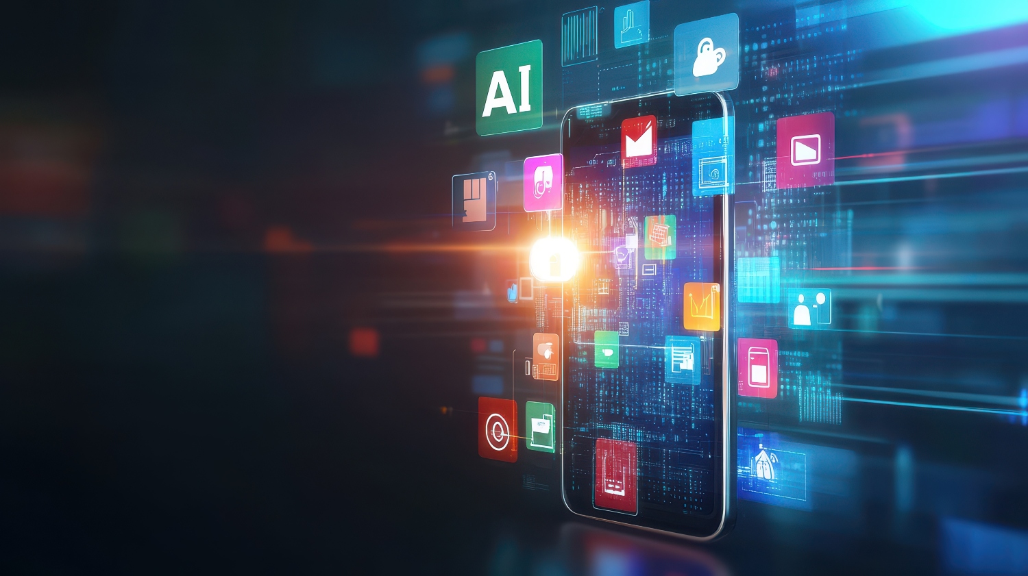 Illustration showing a mobile phone with application icons on a dark blue background.