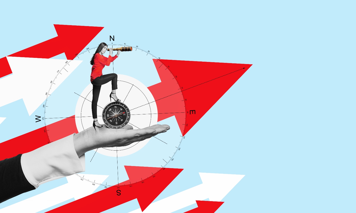 A female business owner standing on raised arrows of red and white, with a compass in the middle, looking through a spyglass ahead.