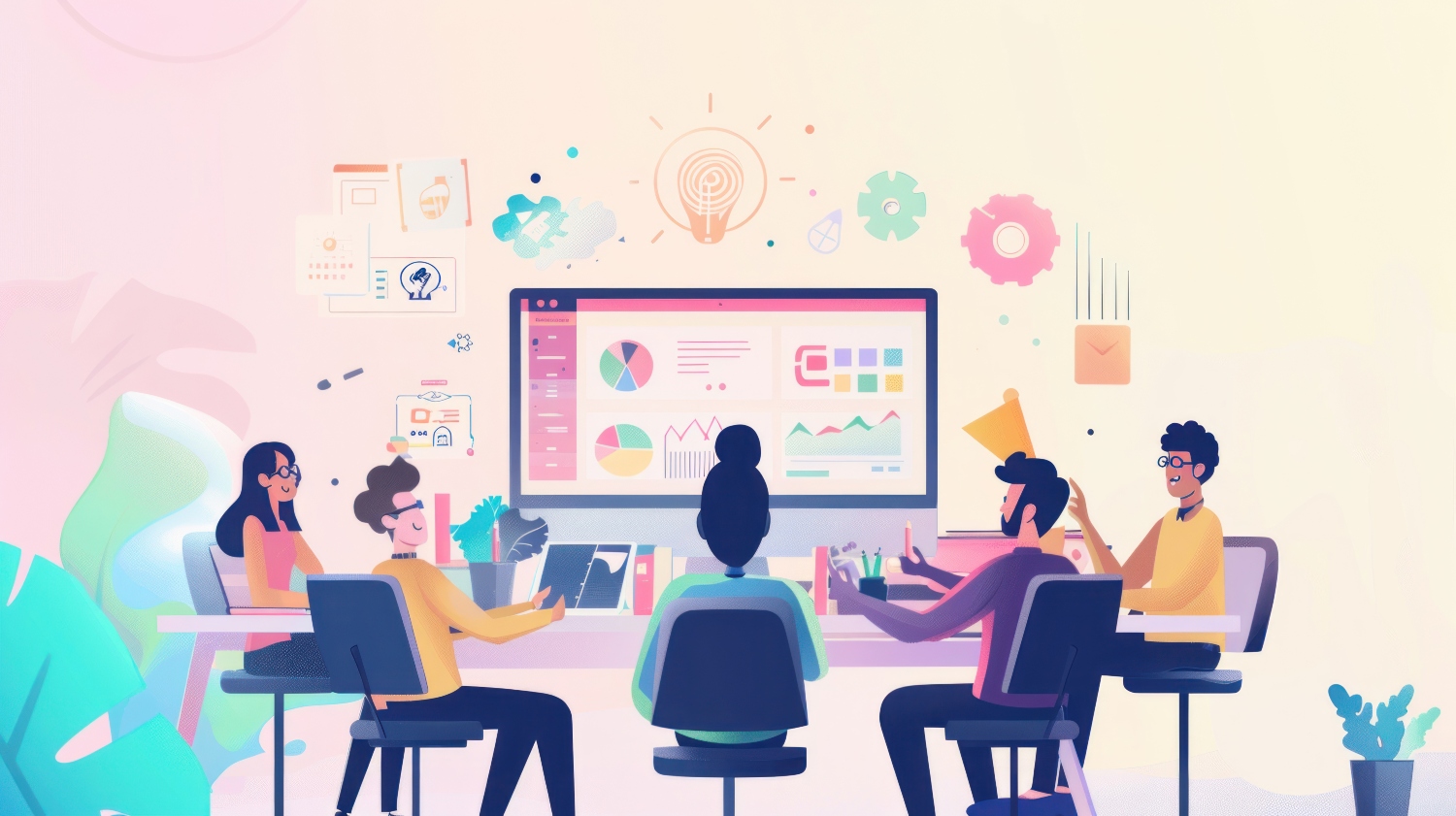 Illustration of a small team around a desk with a computer screen and icons showing productivity levels raised with collaboration tools on a pink and yellow background.