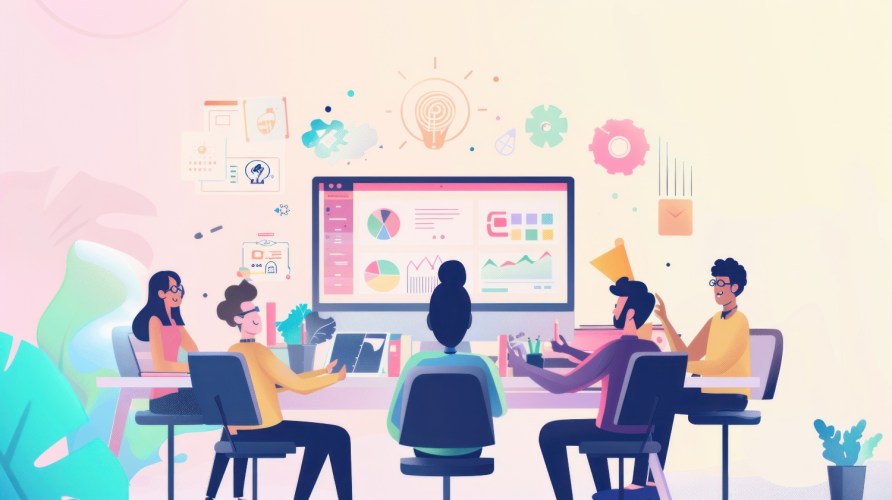 Illustration of a small team around a desk with a computer screen and icons showing productivity levels raised with collaboration tools on a pink and yellow background.