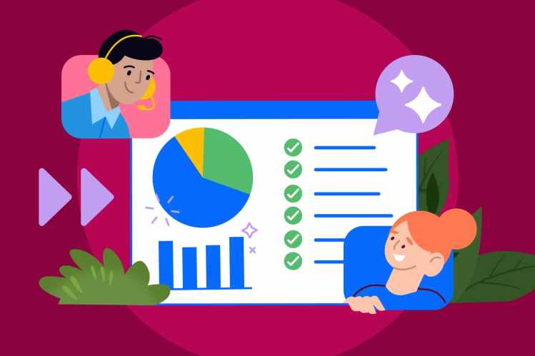 Illustration of two service representatives looking at a graph and to do list.