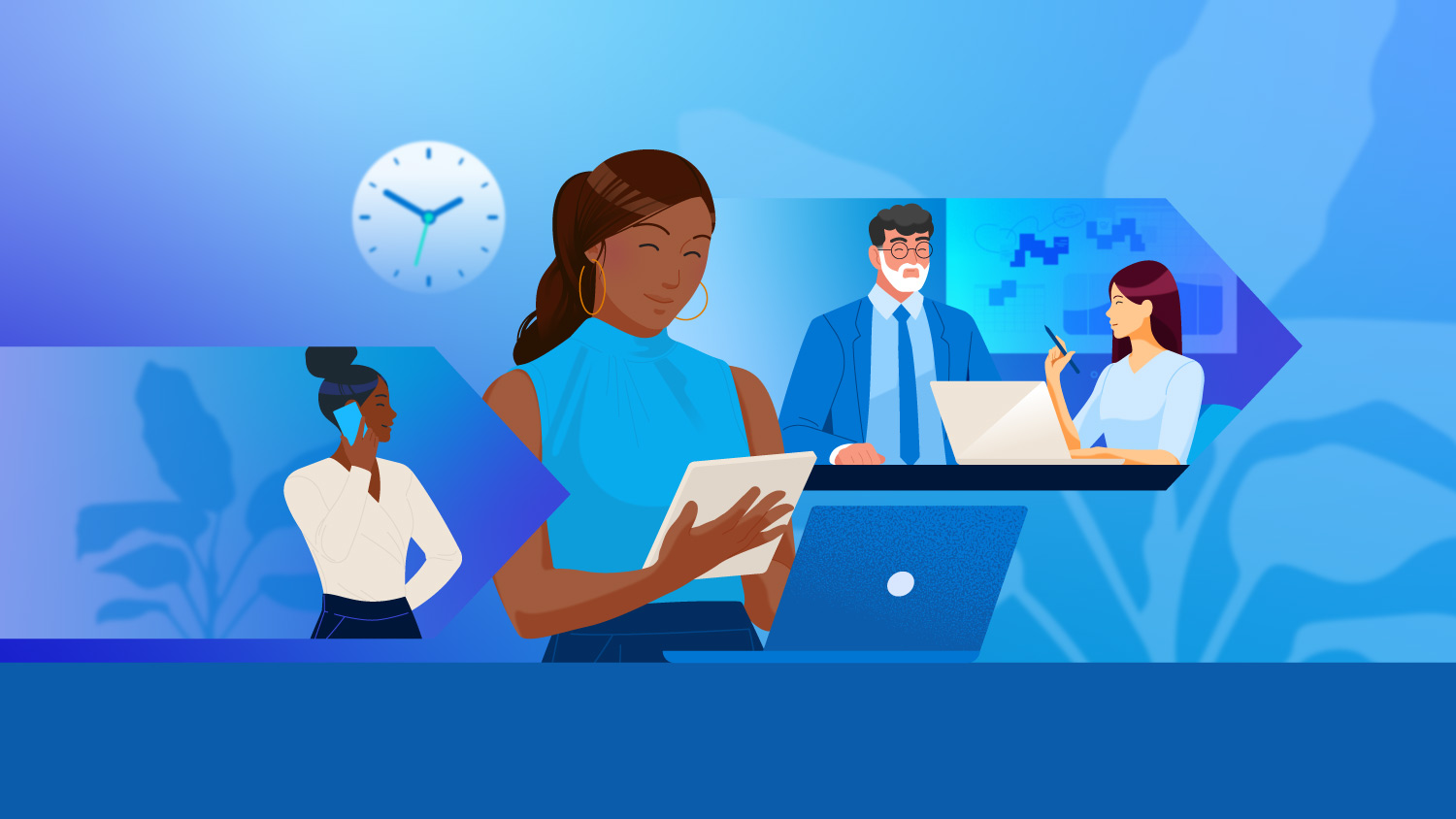 A woman on a phone, a woman with a tablet, and a man and woman consulting a computer